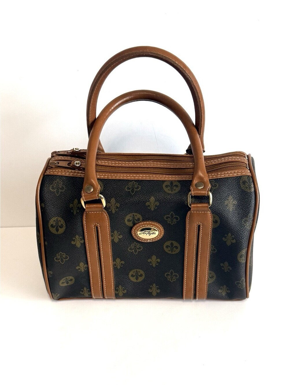 Lou Taylor Monogram Satchel Handbag Brown Black Double Handle Zip Purse